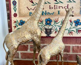 Vintage Brass Giraffe Sculptures, Pair