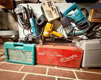 Assorted Vintage Makita and Bosch Power Tools Collection with Milwaukee Case