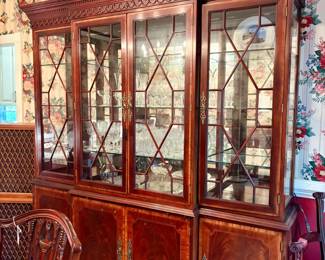 Craftique Furniture Solid Mahogany, Chippendale Style Breakfront with Flame Mahogany Veneer