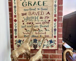 Vintage Brass Giraffe Figurines and Swan Planter with Amazing Grace Tapestry