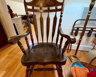 Vintage Stenciled SpindleBack Rocking Chair with Fruit Basket Motif