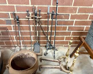 Vintage Cast Iron Fireplace Tool Set and Brass Andirons