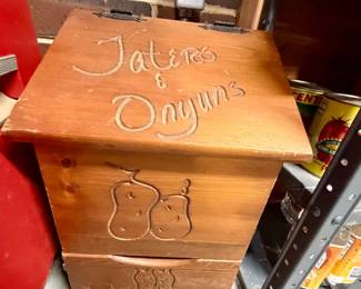 Vintage Wooden Potato and Onion Bin with Taters Onyuns HandCarved Lettering and Vegetable Carvings