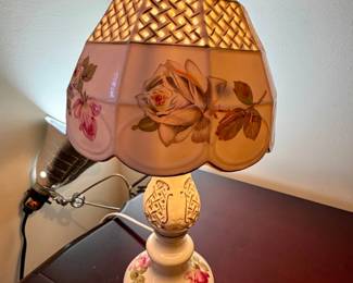 Vintage Porcelain HandPainted Rose Table Lamp with Pierced Shade