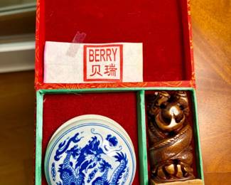 Chinese Carved Soapstone Seal and Porcelain Stamp Pad Box