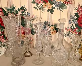 Assorted Vintage Cut Crystal and Pressed Glass Vases and Decanter