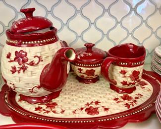Temptations by Tara Floral Lace Basketweave Red Tea Set