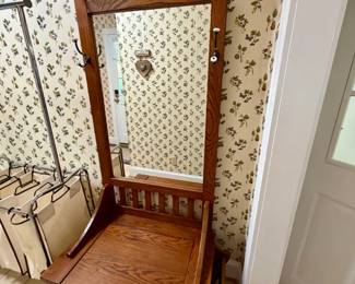 Antique Arts Crafts Mission Oak Hall Tree with Mirror and Leaded Glass