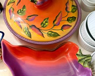 Clay Art Chili Fiesta HandPainted Casserole Dish with Lid and Chili Pepper Serving Bowl