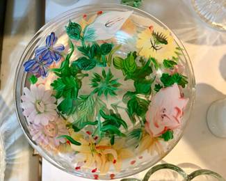 Vintage HandPainted Glass Floral Serving Bowl