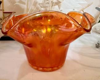 Fenton Marigold Carnival Glass Holly Pattern Ruffled Hat Vase