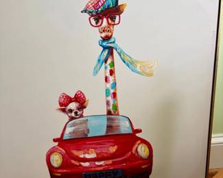 Whimsical Giraffe and Dog in Red Car Pop Art Canvas