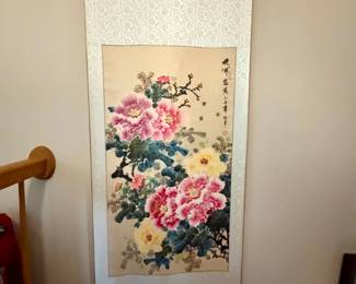Chinese Peony Scroll Painting by Wang Xuetao