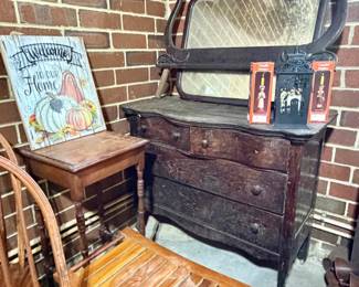 Antique Tiger Oak Serpentine Front Dresser with Mirror
