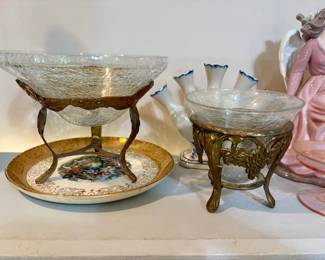 Vintage Crackle Glass Bowls in Ornate Brass Stands with TransferPrinted Plate