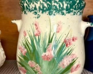 HandPainted Ceramic Lidded Jar with Spongeware Rim