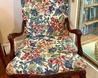 Louis XV Style Carved Mahogany Floral Tapestry Armchair