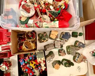 Mixed Lot of Vintage Christmas Ornaments and Miniature Village Buildings