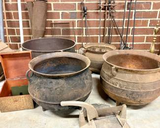 Vintage Cast Iron Cauldrons and Fireplace Accessories