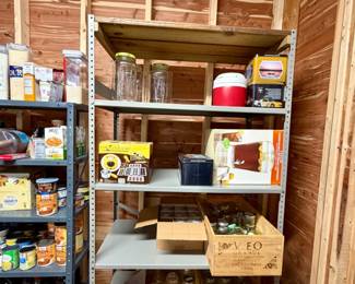 Assorted Household Pantry and Storage Lot with Shelving Units