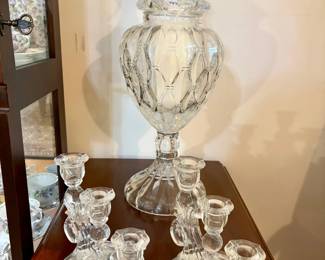Waterford Crystal Lismore Pattern Collection with Two Candlesticks and a Lidded Urn