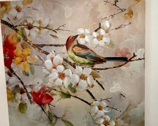 Decorative Floral and Bird Canvas Print with Gold Leaf Accents