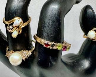 All Are 14 Except (2) pearl on right is 10k. Multi stone 14K ring missing stone & broke in back.