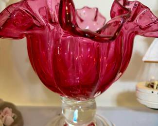 Fenton Cranberry Glass Urn Vase with Ruffled Rim