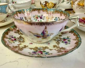 Antique HandPainted Porcelain Butterfly Teacup and Saucer Paragon Sheraton Pattern