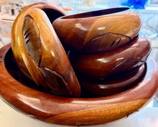 MidCentury Modern Hand Carved Monkey Pod Wood Salad Bowl Set