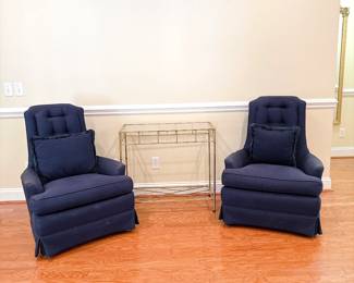 Pair of Navy Blue Upholstered Armchairs - Gold-Toned Faux-Bamboo and Glass Accent Table