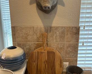Pig Head Wall Mount, Wood Boards and Vintage Pottery