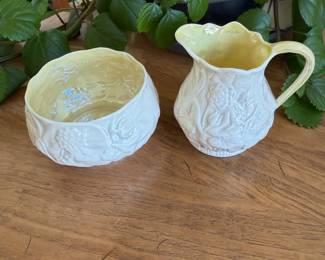 vintage Belleek porcelain lotus creamer and open sugar bowl set