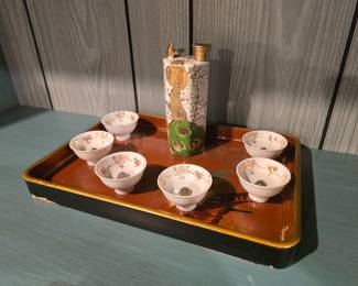 vintage Japanese porcelain "Uguisu Dokkuri" (whistling bird) sake set