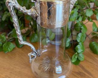 antique Victorian-style silver-plated and etched glass claret jug or wine decanter