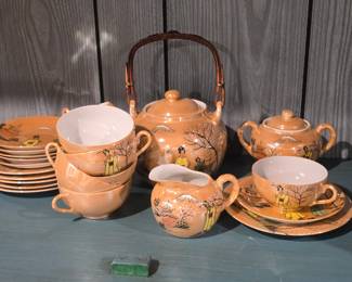 vintage Japanese peach lusterware geisha lithophane tea set