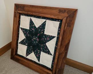 Vintage large Amish quilted square with cottage carved frame, 20" square