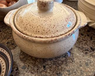 vintage Monmouth Pottery speckled stoneware bean pot