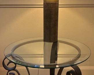 Glass Side Table With Metal Scroll Base And Lamp