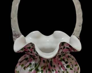 Fenton 95th Anniversary Legacy Glass Basket Pink Green Splatter Clear Handle Signed