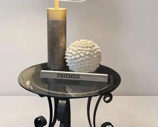 Glass Table with Metal Scroll Base with Lamp Decor