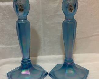 Vintage Fenton Blue Stretch Glass Hexagonal Candle Holders