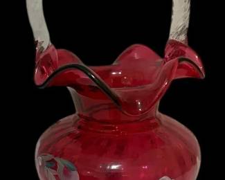Fenton 95th Anniversary Legacy Collection Ruby Cranberry Glass Basket HandPainted Signed