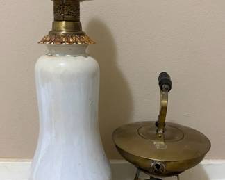 Antique Brass Tea Kettle Burner Stand Vintage Ceramic Table Lamp