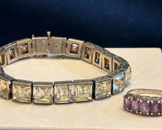 Sterling Crystal Bracelet And Sterling Amethyst Ring