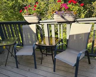 Outdoor Chairs with Two GlassTopped Side Tables And Plants