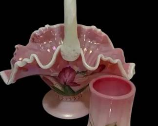 Vintage Fenton Pink Carnival Glass Ruffled Basket Bill Fenton Signature