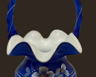 Fenton Cobalt Blue Cased Glass Basket Legacy Collection Signed T Gaskins