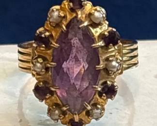 10K Gold Amethyst Pearl Ring