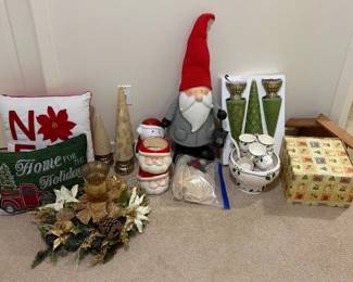 Huge Christmas Decor Lot Gnome Punch Bowl Pillows Gold Accents
